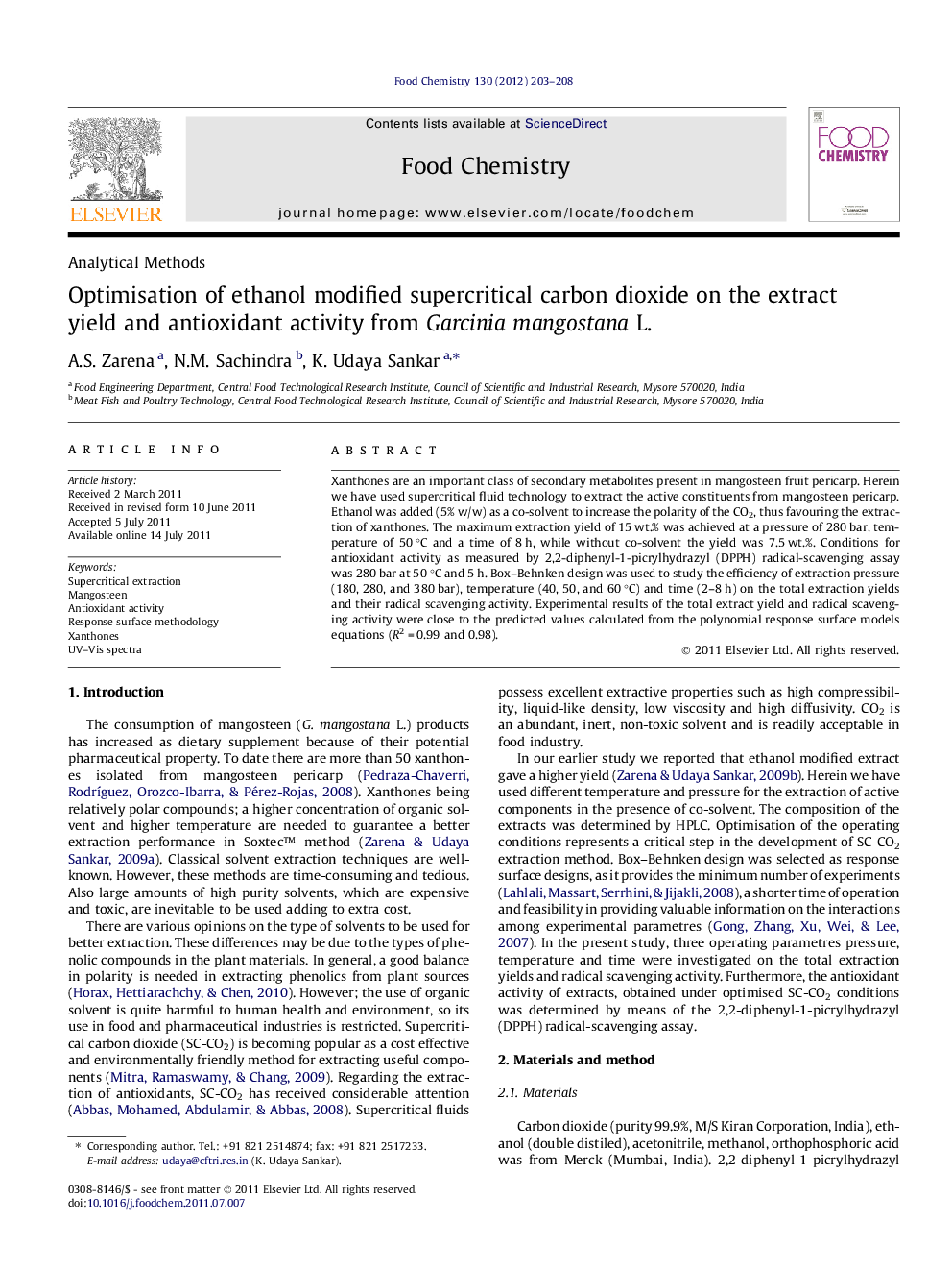 Optimisation of ethanol modified supercritical carbon dioxide on the extract yield and antioxidant activity from Garcinia mangostana L.