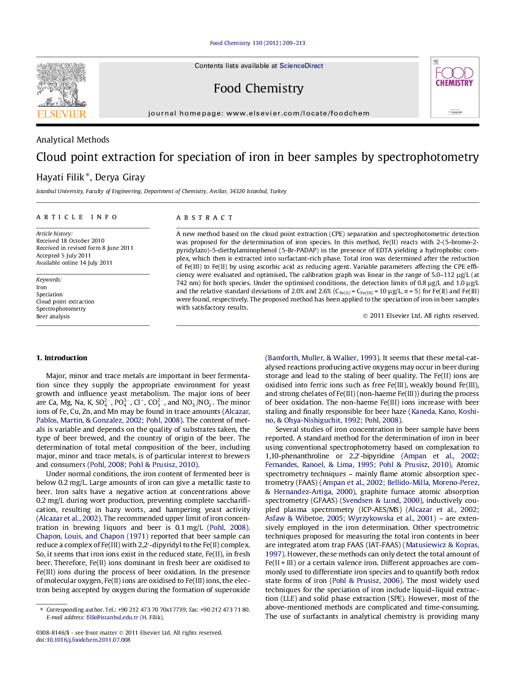 Cloud point extraction for speciation of iron in beer samples by spectrophotometry