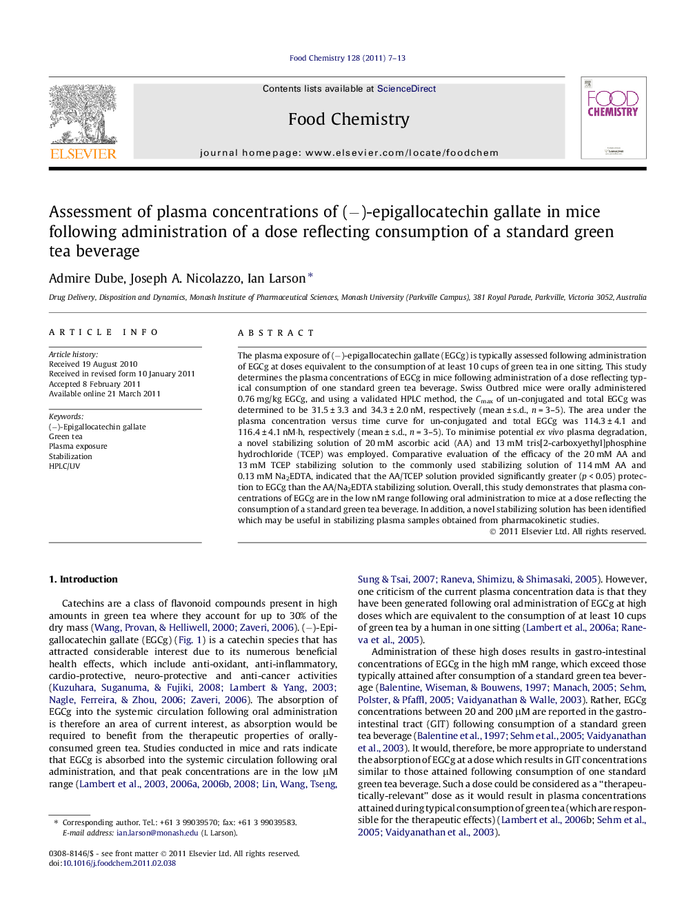 Assessment of plasma concentrations of (â)-epigallocatechin gallate in mice following administration of a dose reflecting consumption of a standard green tea beverage