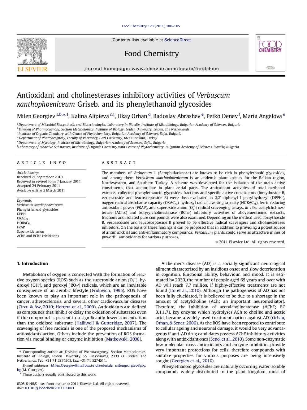 Antioxidant and cholinesterases inhibitory activities of Verbascum xanthophoeniceum Griseb. and its phenylethanoid glycosides