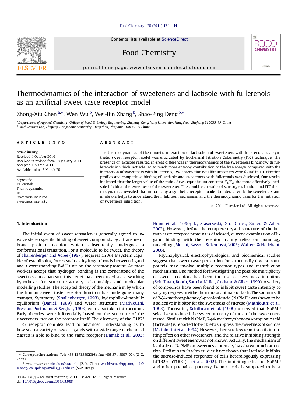 Thermodynamics of the interaction of sweeteners and lactisole with fullerenols as an artificial sweet taste receptor model