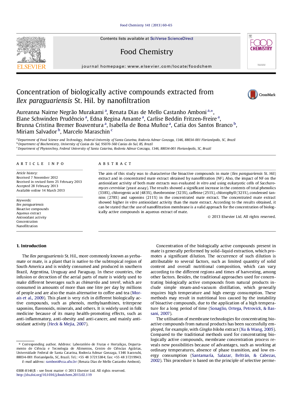 Concentration of biologically active compounds extracted from Ilex paraguariensis St. Hil. by nanofiltration