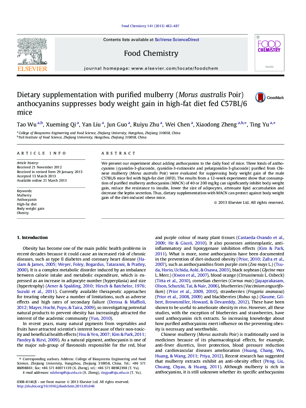 Dietary supplementation with purified mulberry (Morus australis Poir) anthocyanins suppresses body weight gain in high-fat diet fed C57BL/6 mice