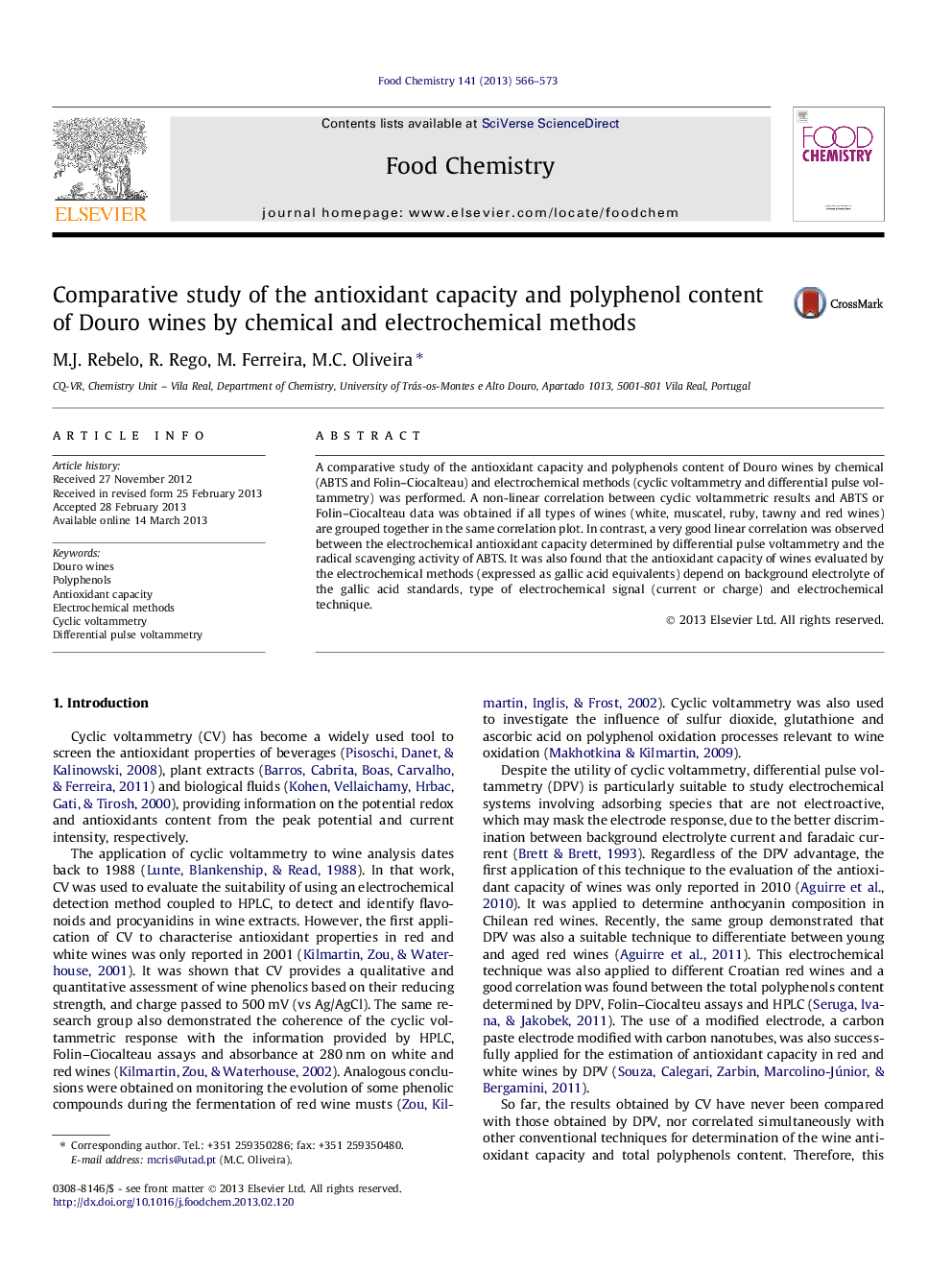 Comparative study of the antioxidant capacity and polyphenol content of Douro wines by chemical and electrochemical methods