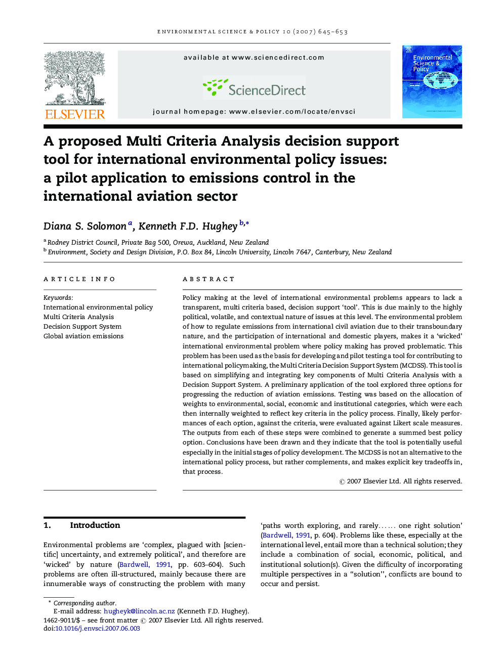 A proposed Multi Criteria Analysis decision support tool for international environmental policy issues: a pilot application to emissions control in the international aviation sector