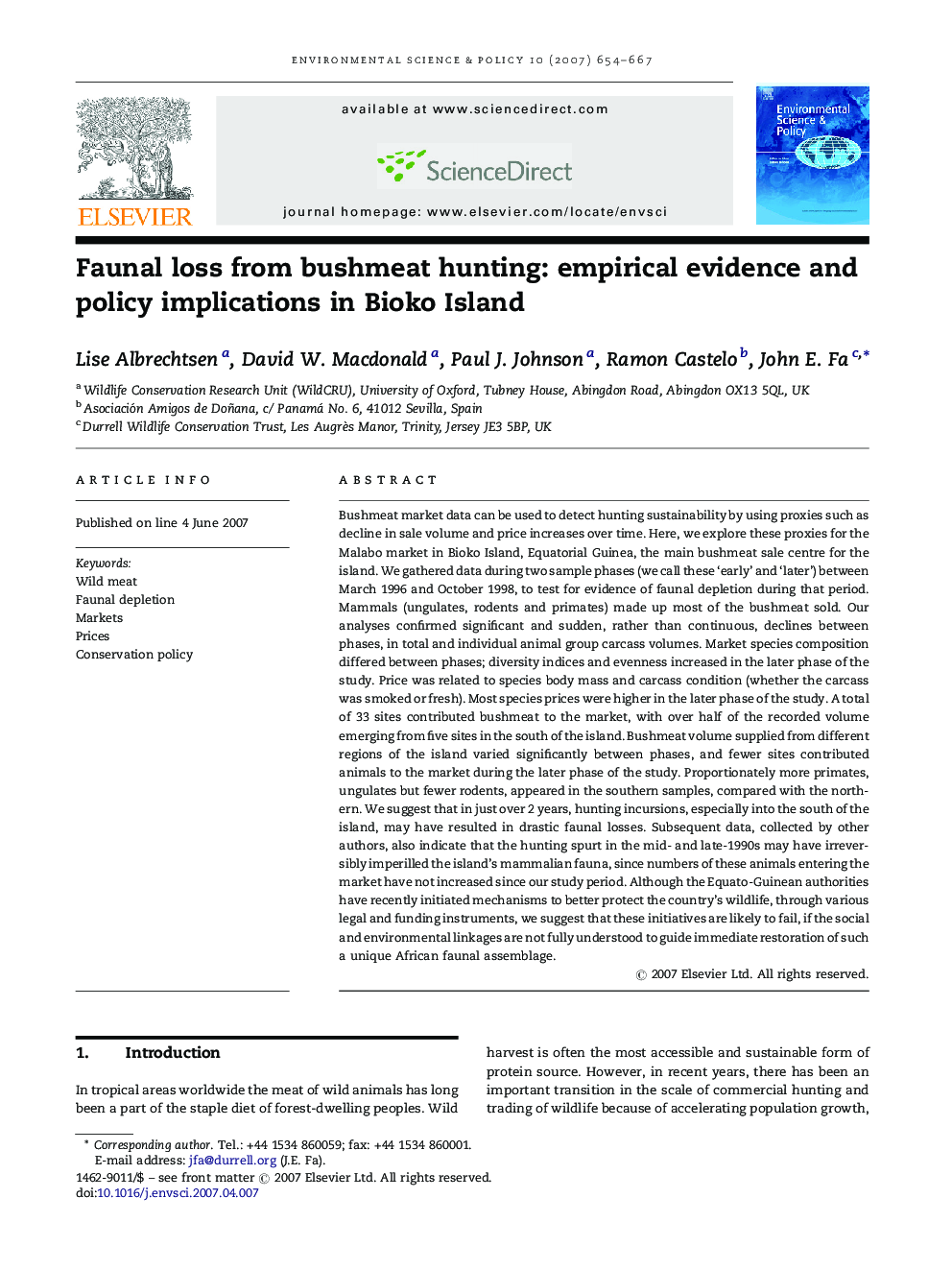 Faunal loss from bushmeat hunting: empirical evidence and policy implications in Bioko Island