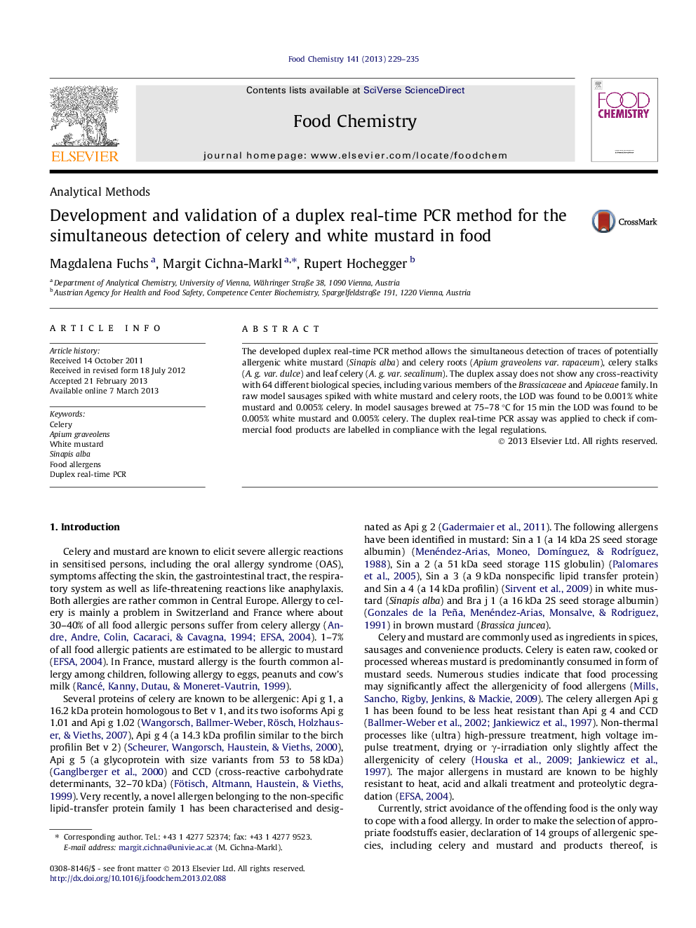 Development and validation of a duplex real-time PCR method for the simultaneous detection of celery and white mustard in food