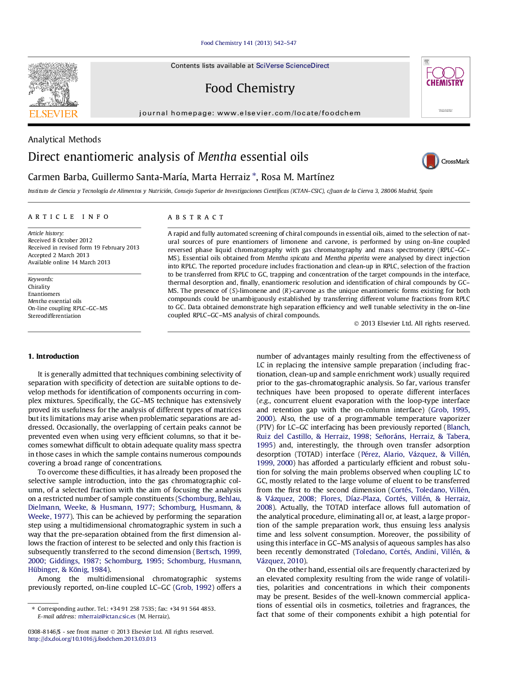 Direct enantiomeric analysis of Mentha essential oils