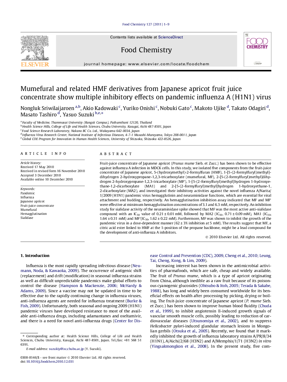 Mumefural and related HMF derivatives from Japanese apricot fruit juice concentrate show multiple inhibitory effects on pandemic influenza A (H1N1) virus