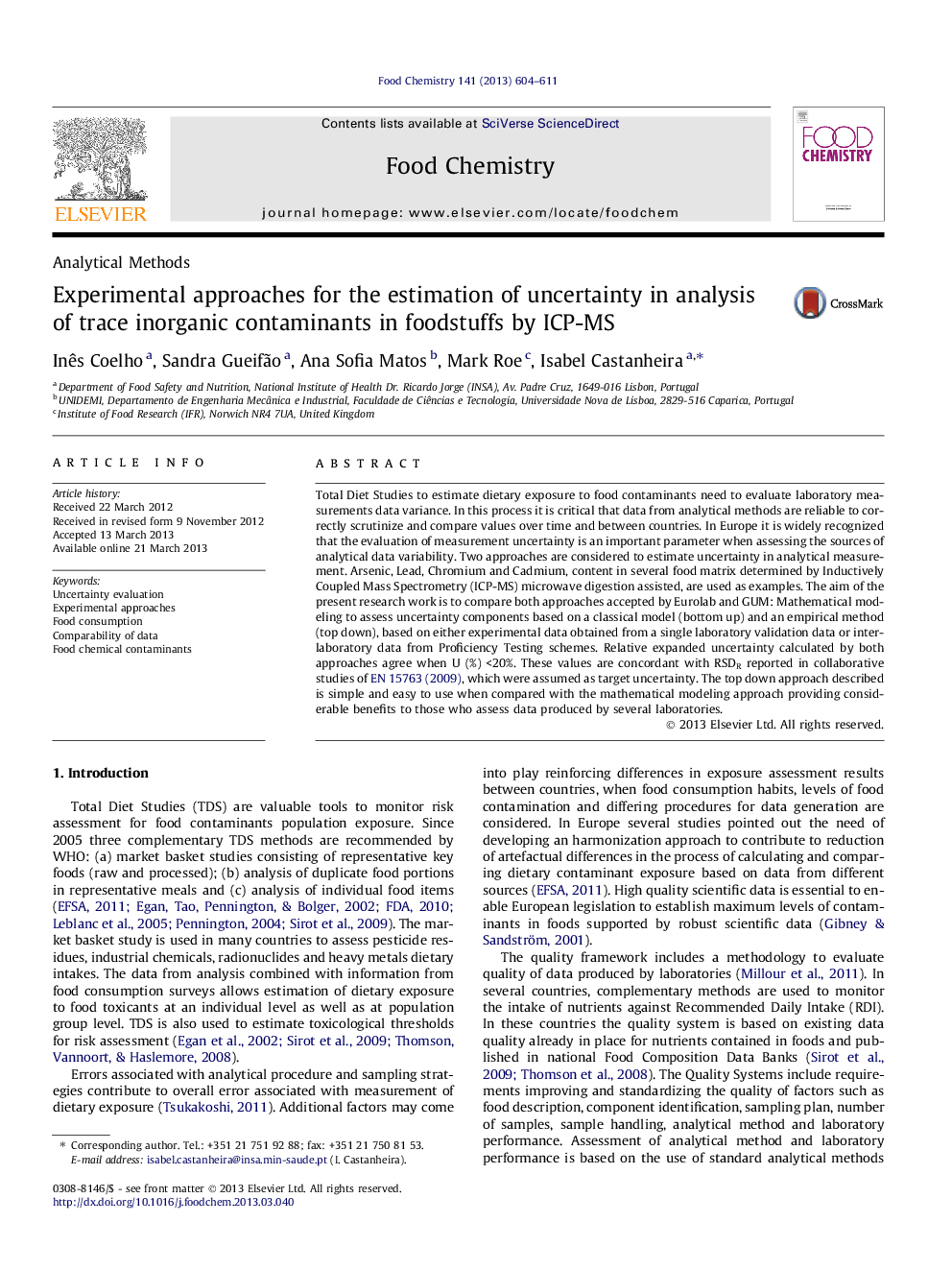 Experimental approaches for the estimation of uncertainty in analysis of trace inorganic contaminants in foodstuffs by ICP-MS