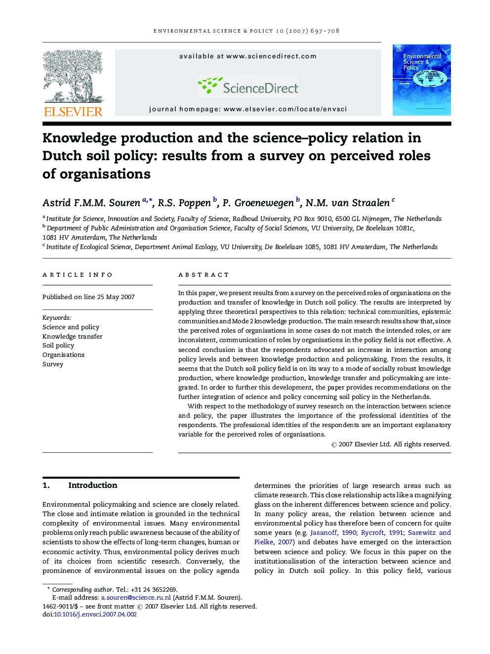 عکس صفحه اول مقاله: Knowledge production and the science–policy relation in Dutch soil policy: results from a survey on perceived roles of organisations Knowledge production and the science–policy relation in Dutch soil policy: results from a survey on perceived roles of organisations
