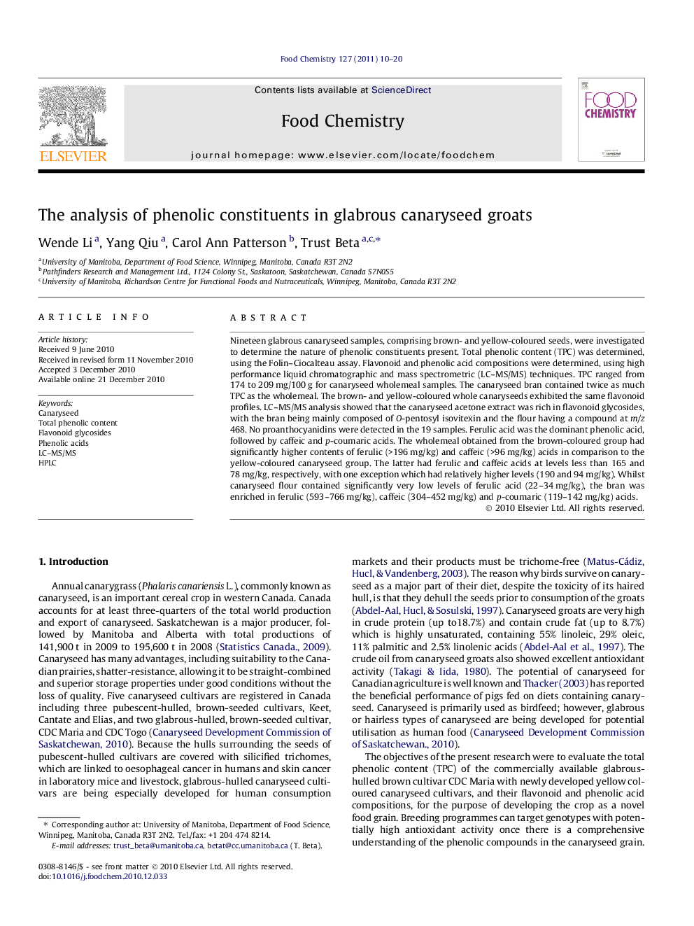 عکس صفحه اول مقاله: The analysis of phenolic constituents in glabrous canaryseed groats The analysis of phenolic constituents in glabrous canaryseed groats