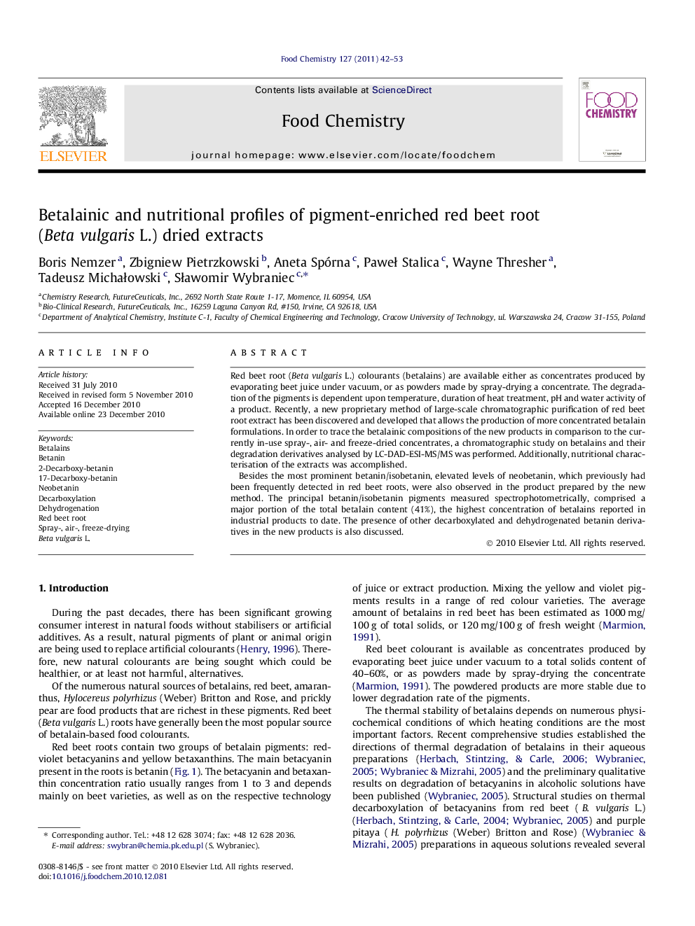 Betalainic and nutritional profiles of pigment-enriched red beet root (Beta vulgaris L.) dried extracts