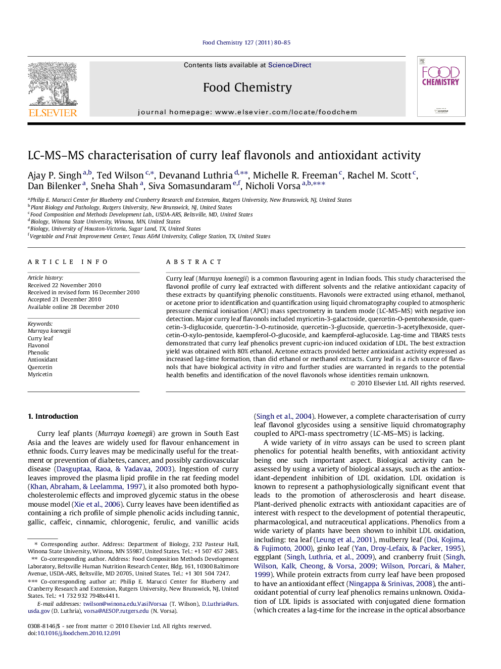 LC-MS-MS characterisation of curry leaf flavonols and antioxidant activity