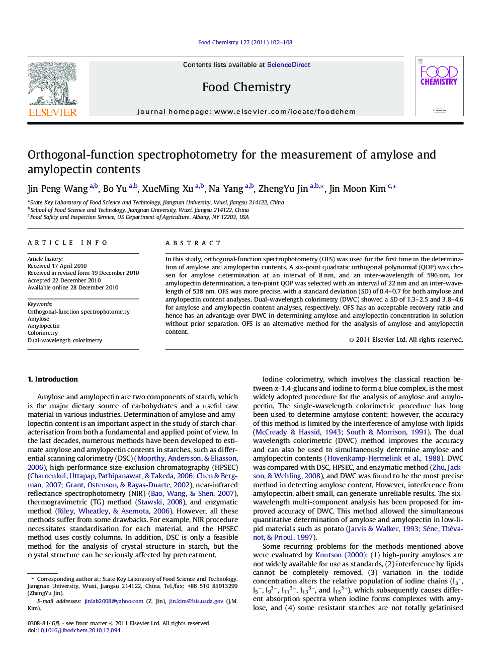 Orthogonal-function spectrophotometry for the measurement of amylose and amylopectin contents