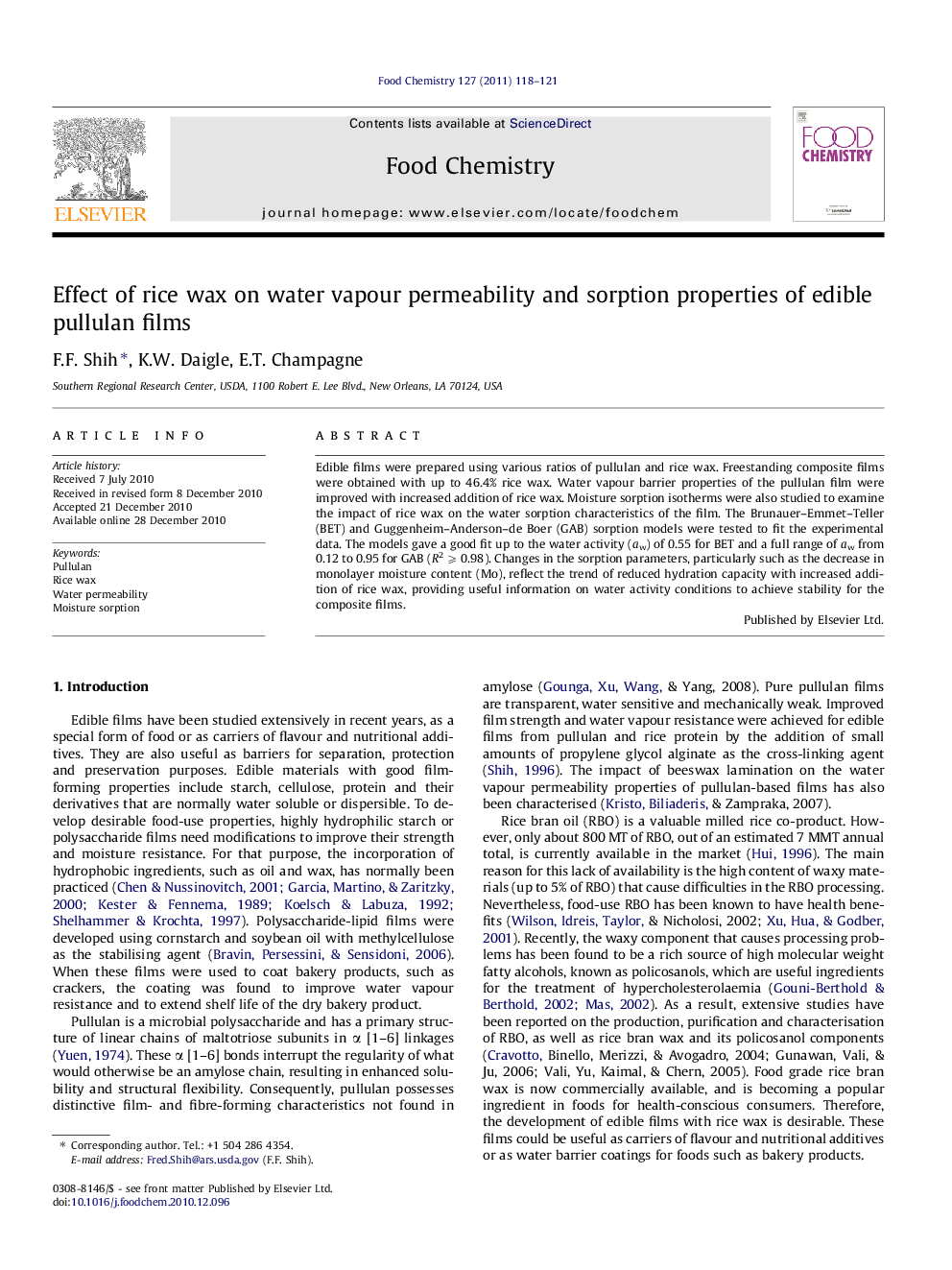 Effect of rice wax on water vapour permeability and sorption properties of edible pullulan films