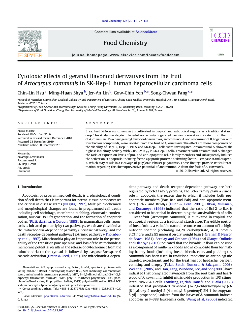 Cytotoxic effects of geranyl flavonoid derivatives from the fruit of Artocarpus communis in SK-Hep-1 human hepatocellular carcinoma cells