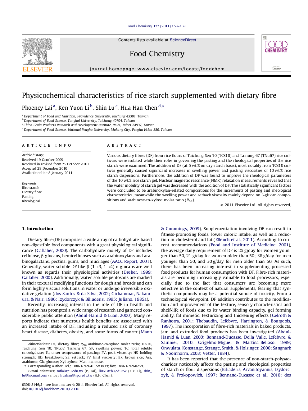 Physicochemical characteristics of rice starch supplemented with dietary fibre