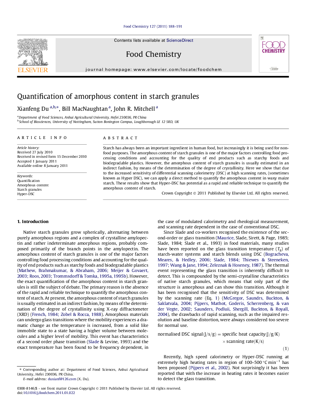 Quantification of amorphous content in starch granules