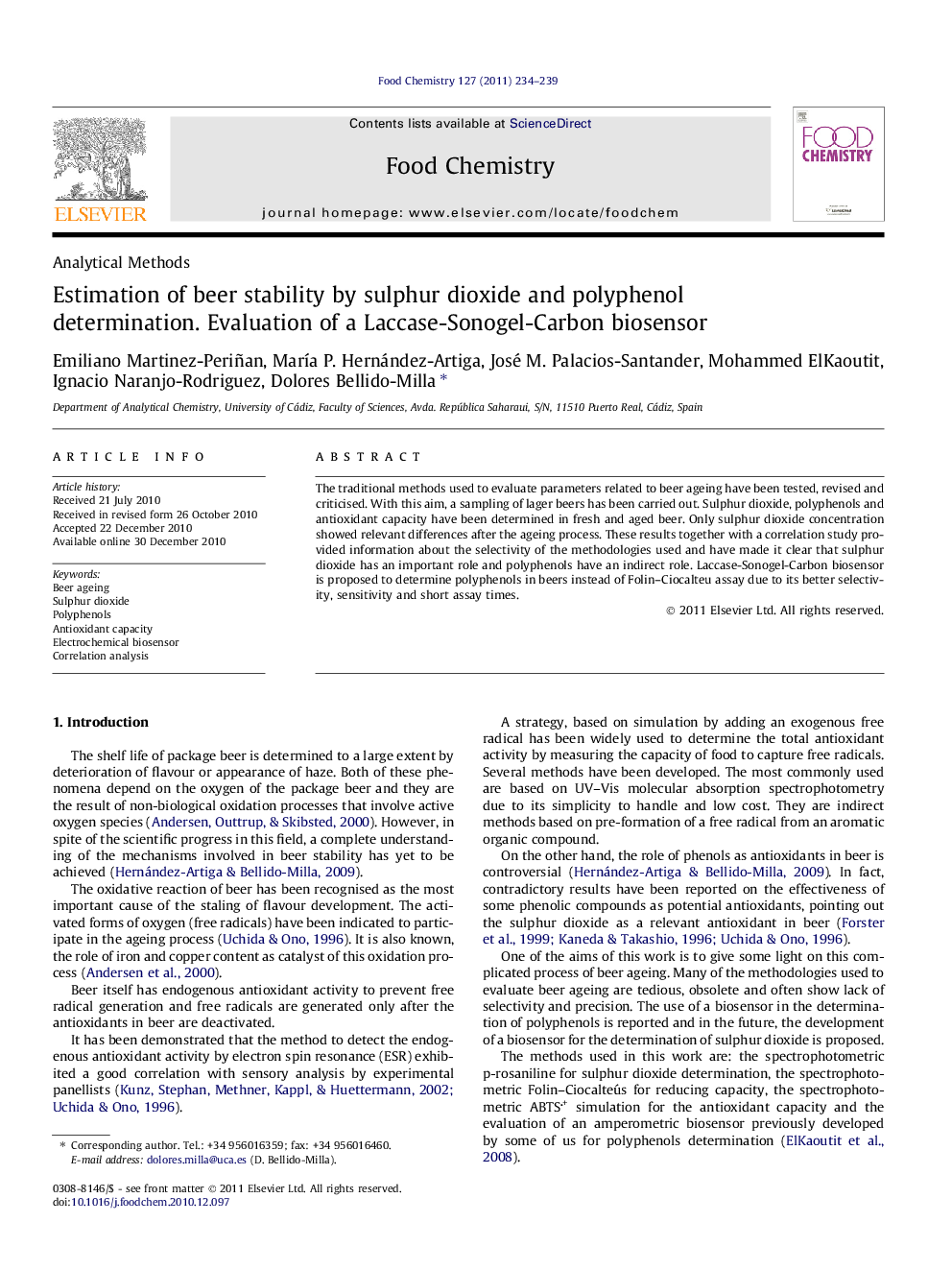 Estimation of beer stability by sulphur dioxide and polyphenol determination. Evaluation of a Laccase-Sonogel-Carbon biosensor