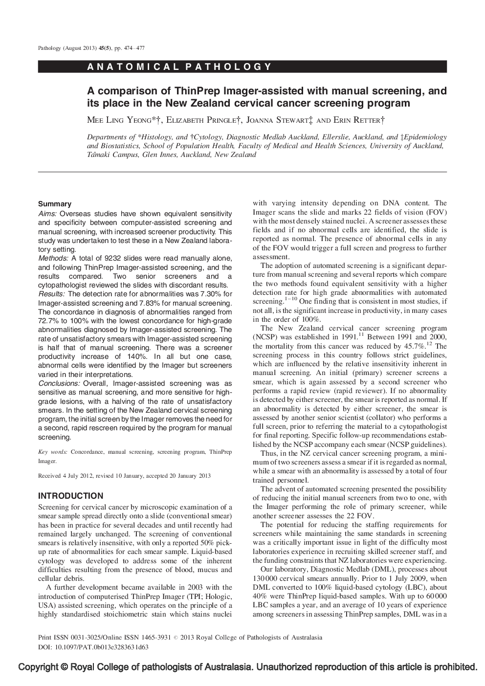 A comparison of ThinPrep Imager-assisted with manual screening, and its place in the New Zealand cervical cancer screening program