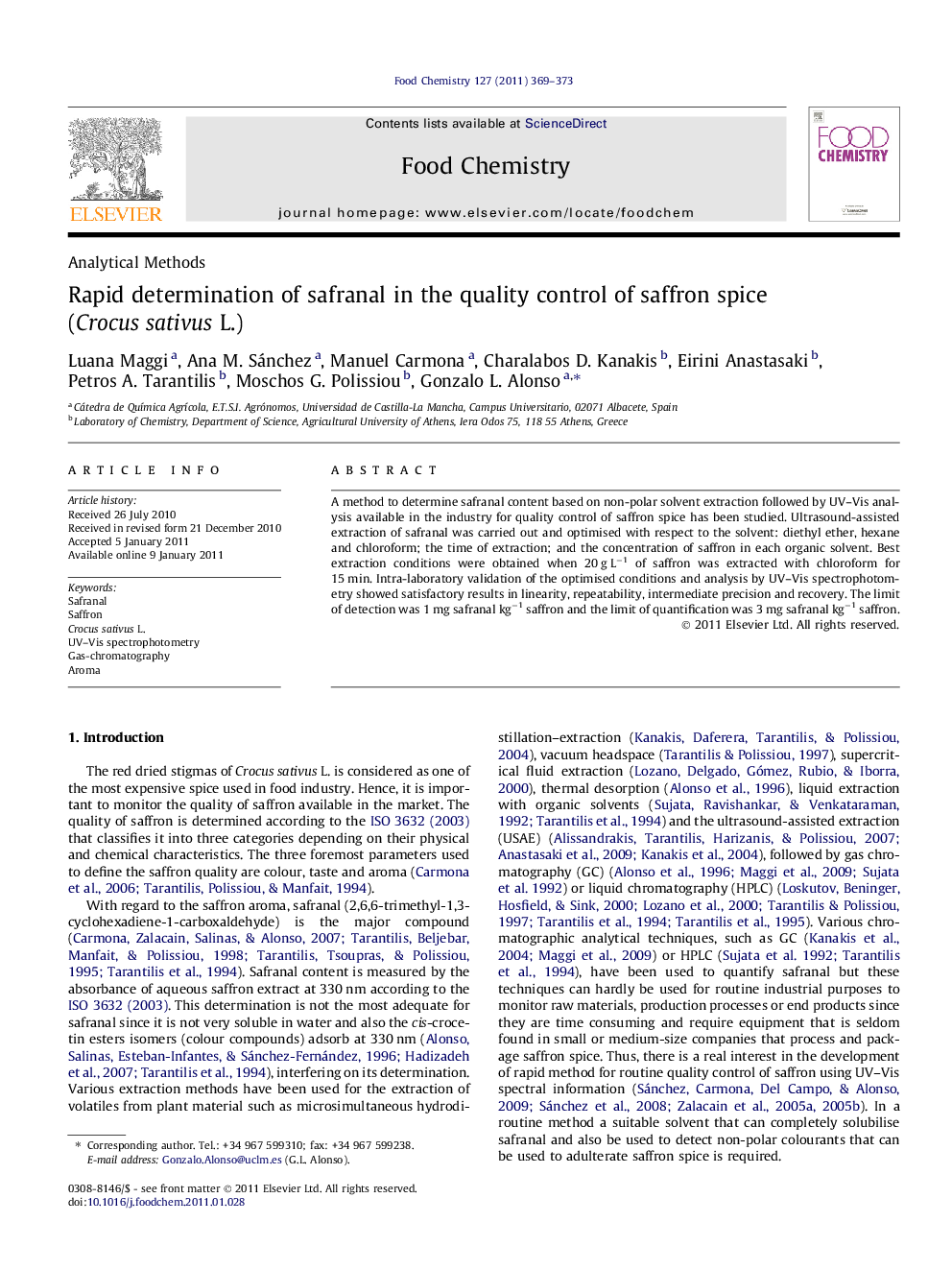 Rapid determination of safranal in the quality control of saffron spice (Crocus sativus L.)