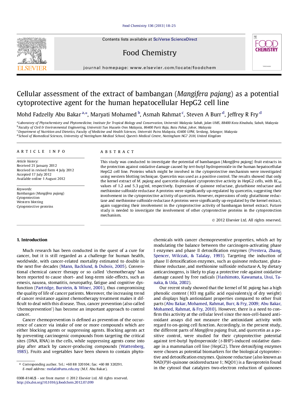 عکس صفحه اول مقاله: Cellular assessment of the extract of bambangan (Mangifera pajang) as a potential cytoprotective agent for the human hepatocellular HepG2 cell line Cellular assessment of the extract of bambangan (Mangifera pajang) as a potential cytoprotective agent for the human hepatocellular HepG2 cell line