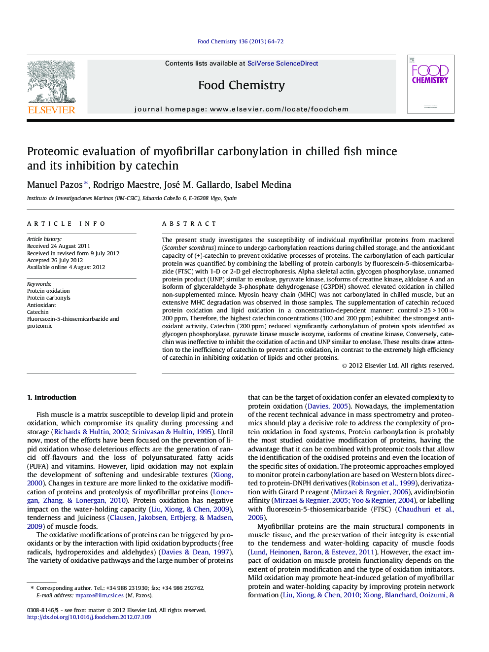 Proteomic evaluation of myofibrillar carbonylation in chilled fish mince and its inhibition by catechin