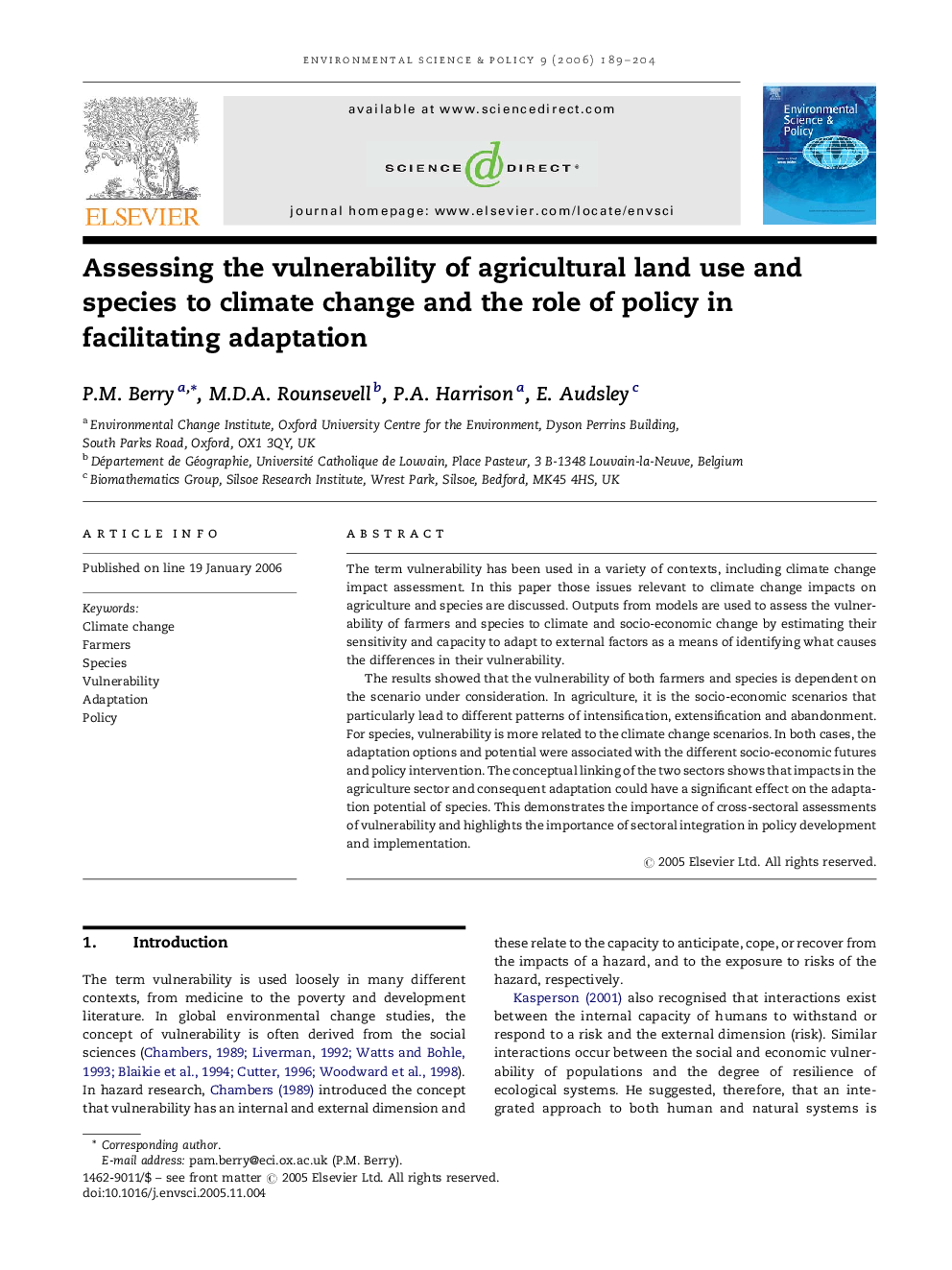 Assessing the vulnerability of agricultural land use and species to climate change and the role of policy in facilitating adaptation