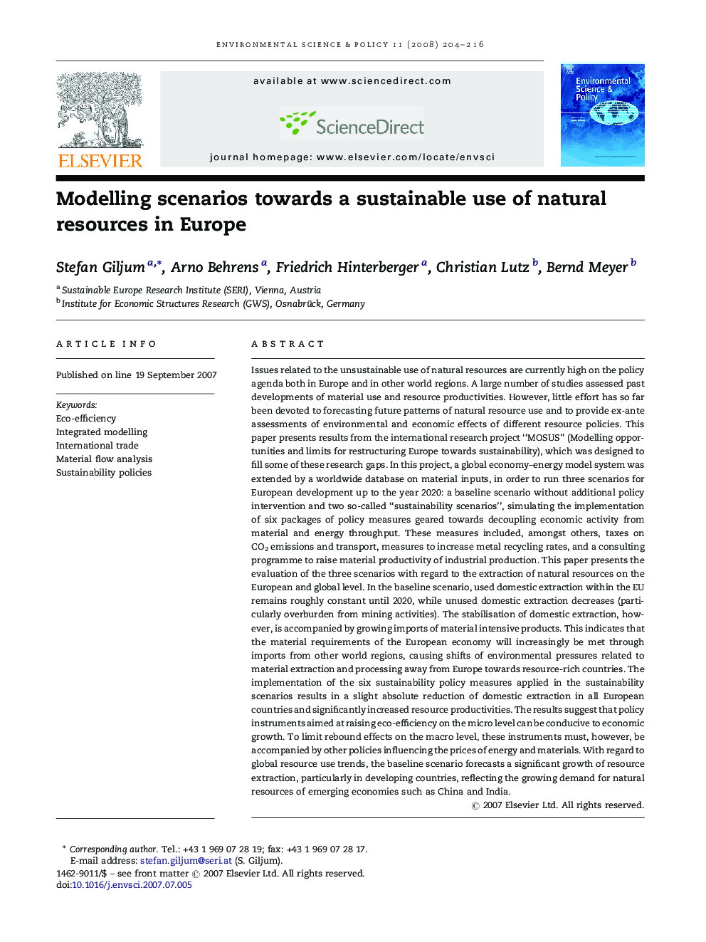 Modelling scenarios towards a sustainable use of natural resources in Europe