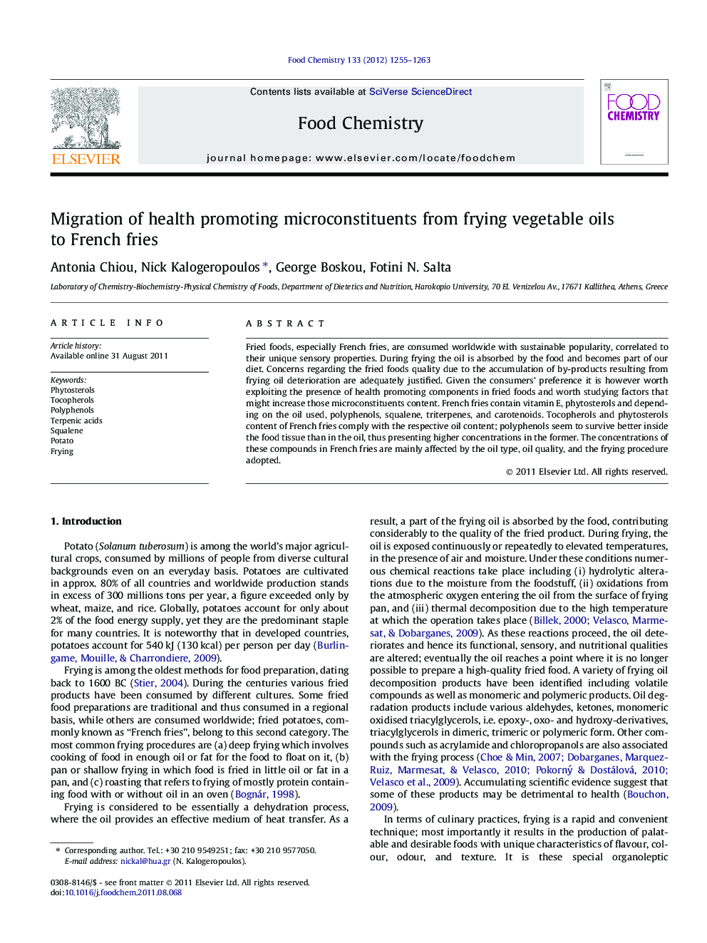 Migration of health promoting microconstituents from frying vegetable oils to French fries