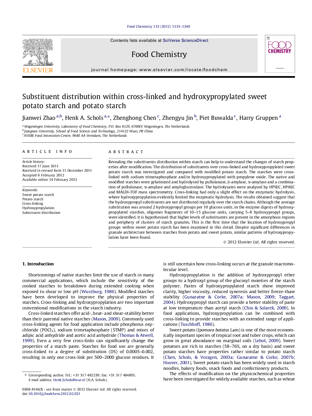 Substituent distribution within cross-linked and hydroxypropylated sweet potato starch and potato starch