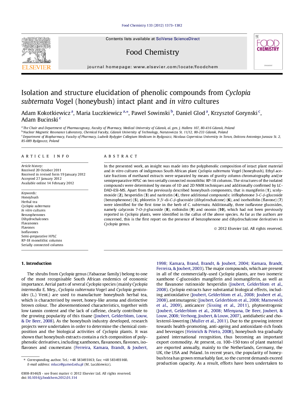 Isolation and structure elucidation of phenolic compounds from Cyclopia subternata Vogel (honeybush) intact plant and in vitro cultures