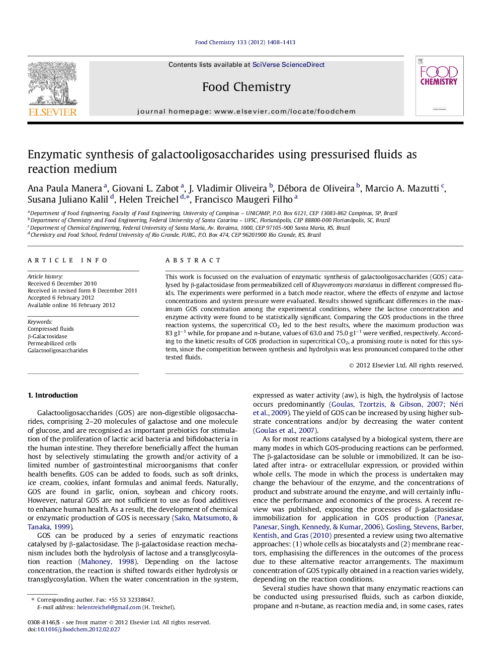 Enzymatic synthesis of galactooligosaccharides using pressurised fluids as reaction medium