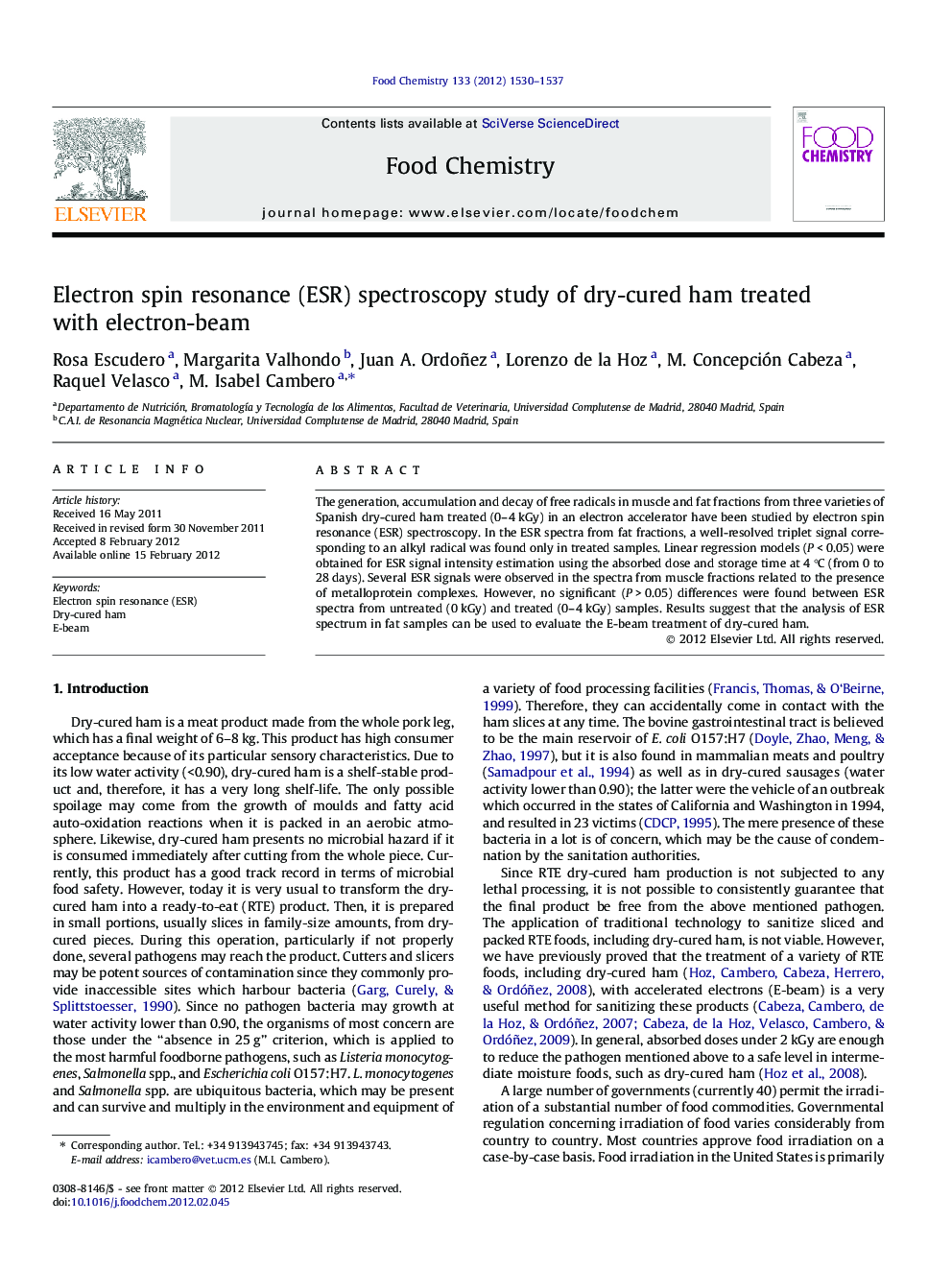 Electron spin resonance (ESR) spectroscopy study of dry-cured ham treated with electron-beam