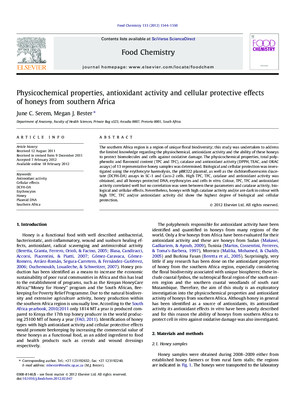 Physicochemical properties, antioxidant activity and cellular protective effects of honeys from southern Africa