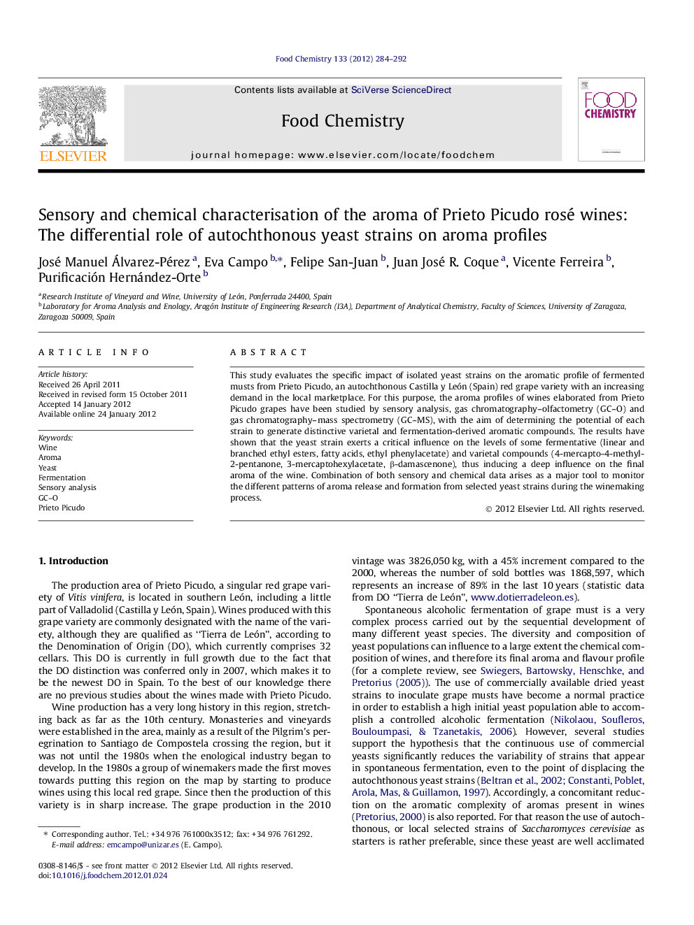 Sensory and chemical characterisation of the aroma of Prieto Picudo rosé wines: The differential role of autochthonous yeast strains on aroma profiles