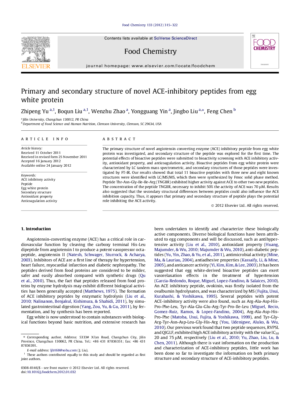 عکس صفحه اول مقاله: Primary and secondary structure of novel ACE-inhibitory peptides from egg white protein Primary and secondary structure of novel ACE-inhibitory peptides from egg white protein