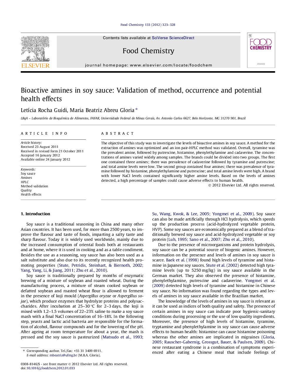 Bioactive amines in soy sauce: Validation of method, occurrence and potential health effects