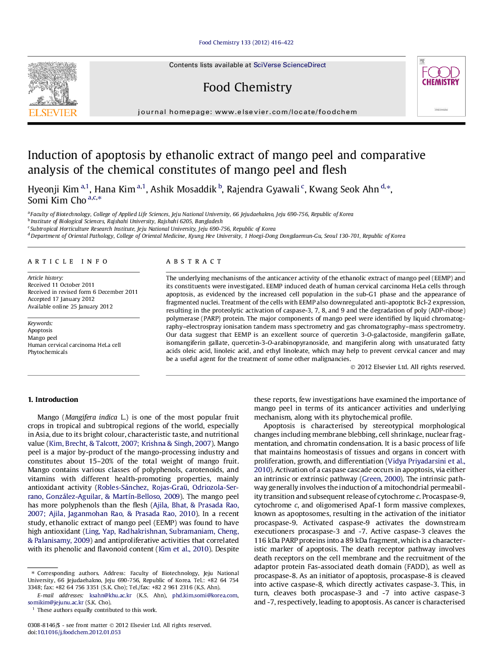 Induction of apoptosis by ethanolic extract of mango peel and comparative analysis of the chemical constitutes of mango peel and flesh