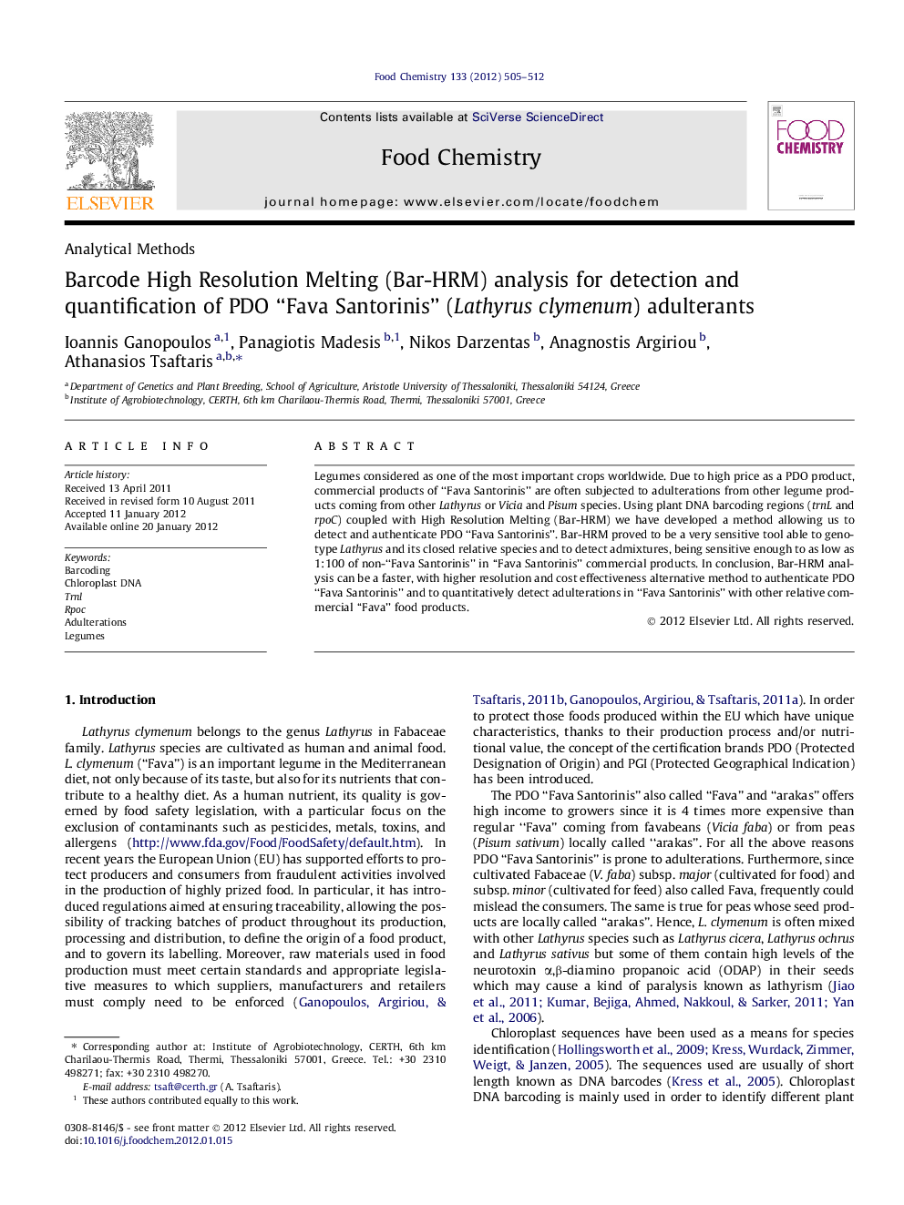 Barcode High Resolution Melting (Bar-HRM) analysis for detection and quantification of PDO “Fava Santorinis” (Lathyrus clymenum) adulterants