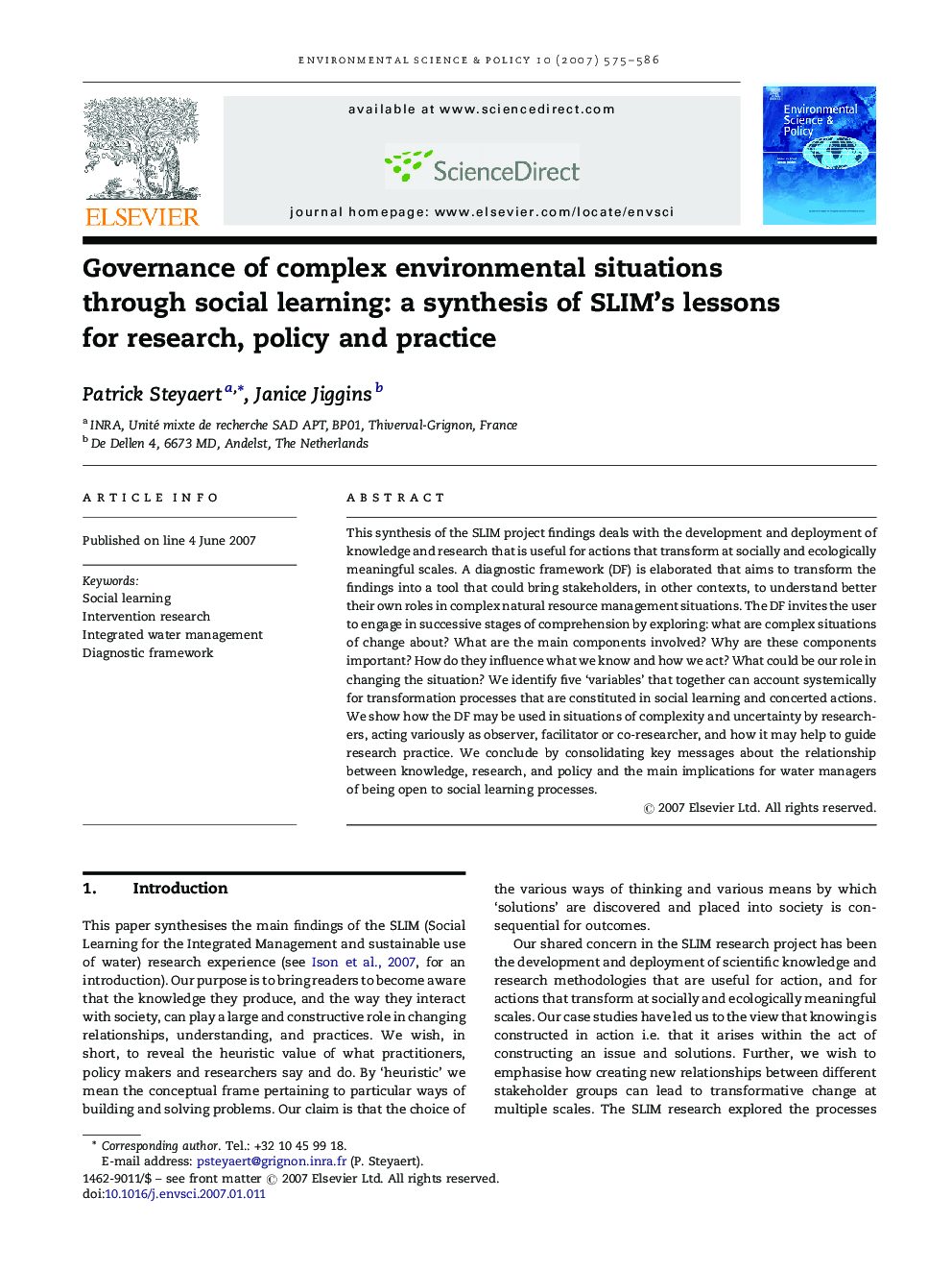 Governance of complex environmental situations through social learning: a synthesis of SLIM's lessons for research, policy and practice