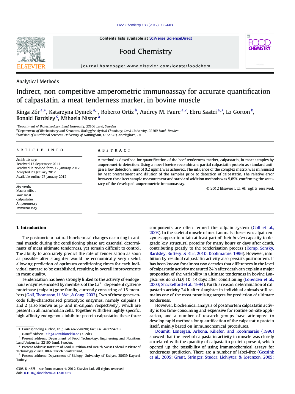 Indirect, non-competitive amperometric immunoassay for accurate quantification of calpastatin, a meat tenderness marker, in bovine muscle