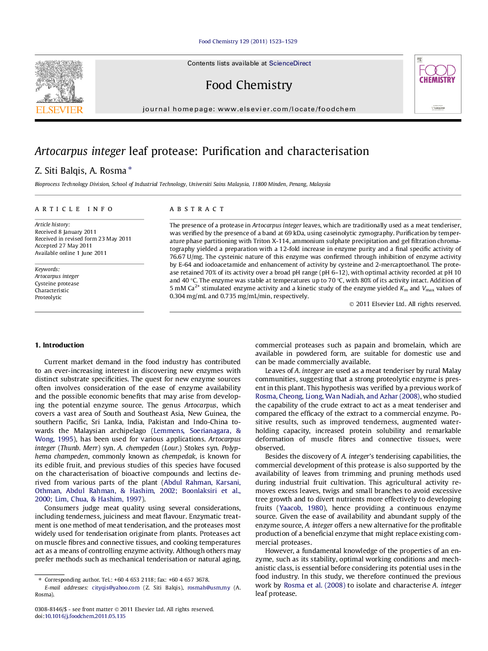 Artocarpus integer leaf protease: Purification and characterisation