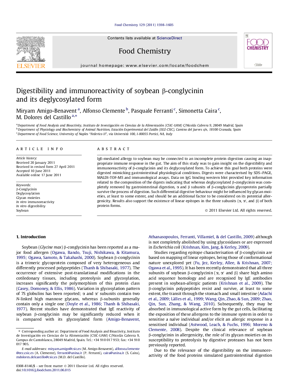 Digestibility and immunoreactivity of soybean Î²-conglycinin and its deglycosylated form