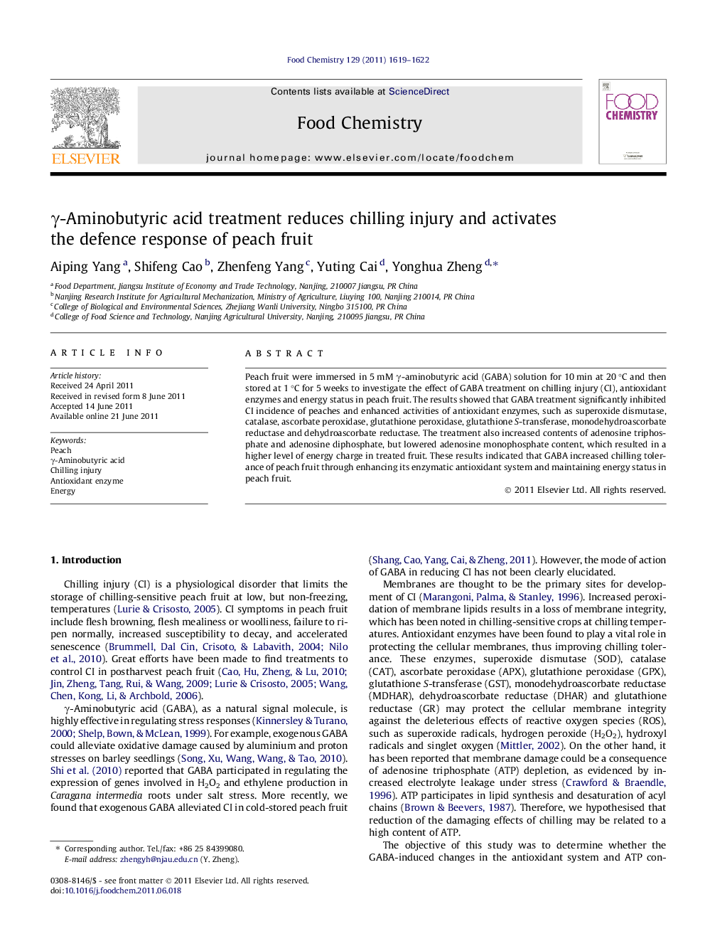 Î³-Aminobutyric acid treatment reduces chilling injury and activates the defence response of peach fruit