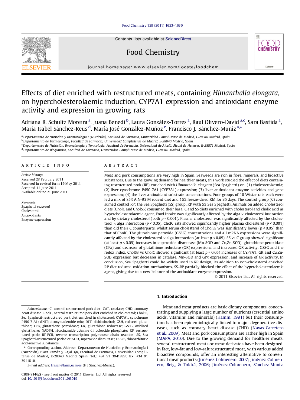 Effects of diet enriched with restructured meats, containing Himanthalia elongata, on hypercholesterolaemic induction, CYP7A1 expression and antioxidant enzyme activity and expression in growing rats