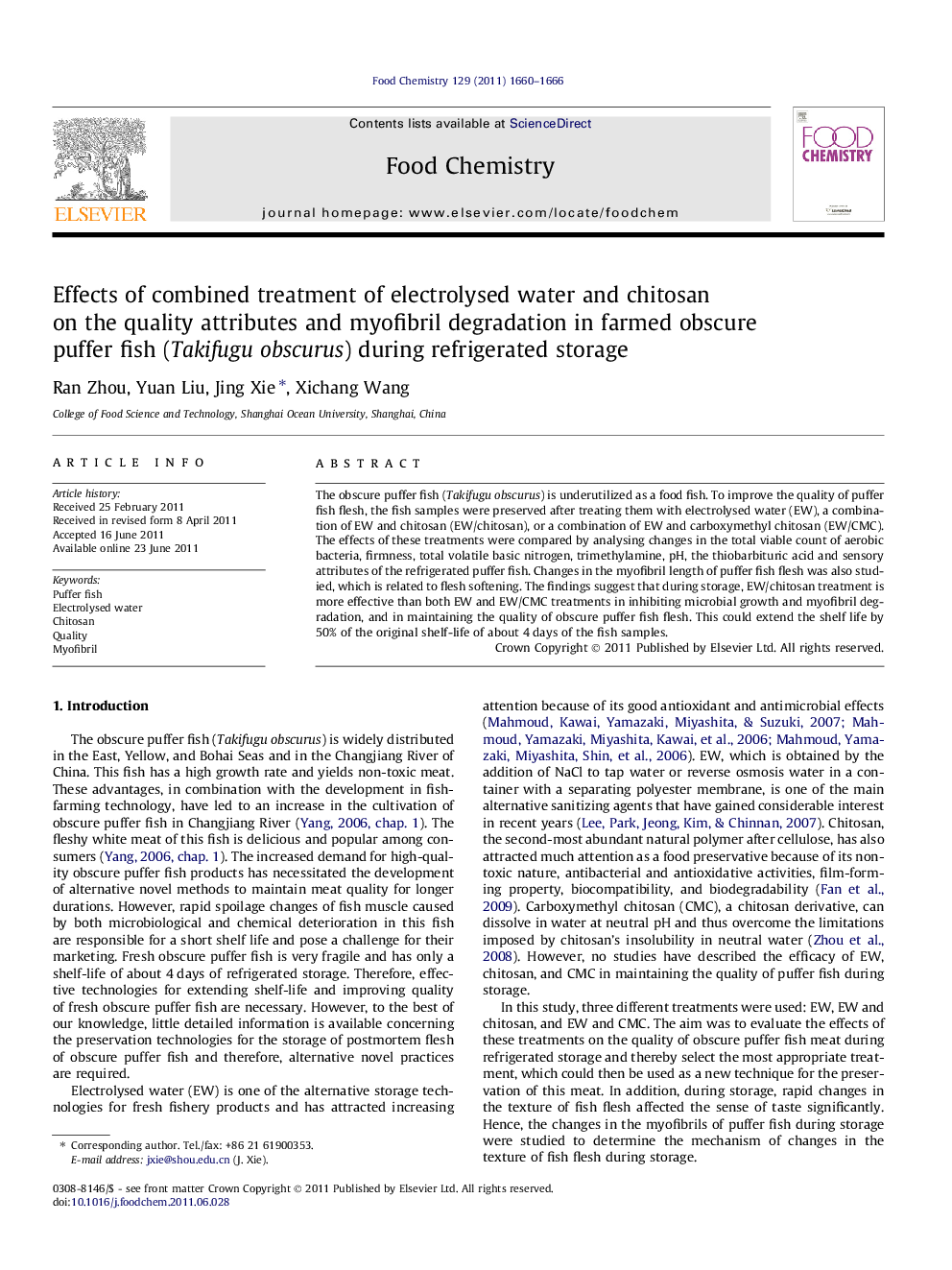 Effects of combined treatment of electrolysed water and chitosan on the quality attributes and myofibril degradation in farmed obscure puffer fish (Takifugu obscurus) during refrigerated storage