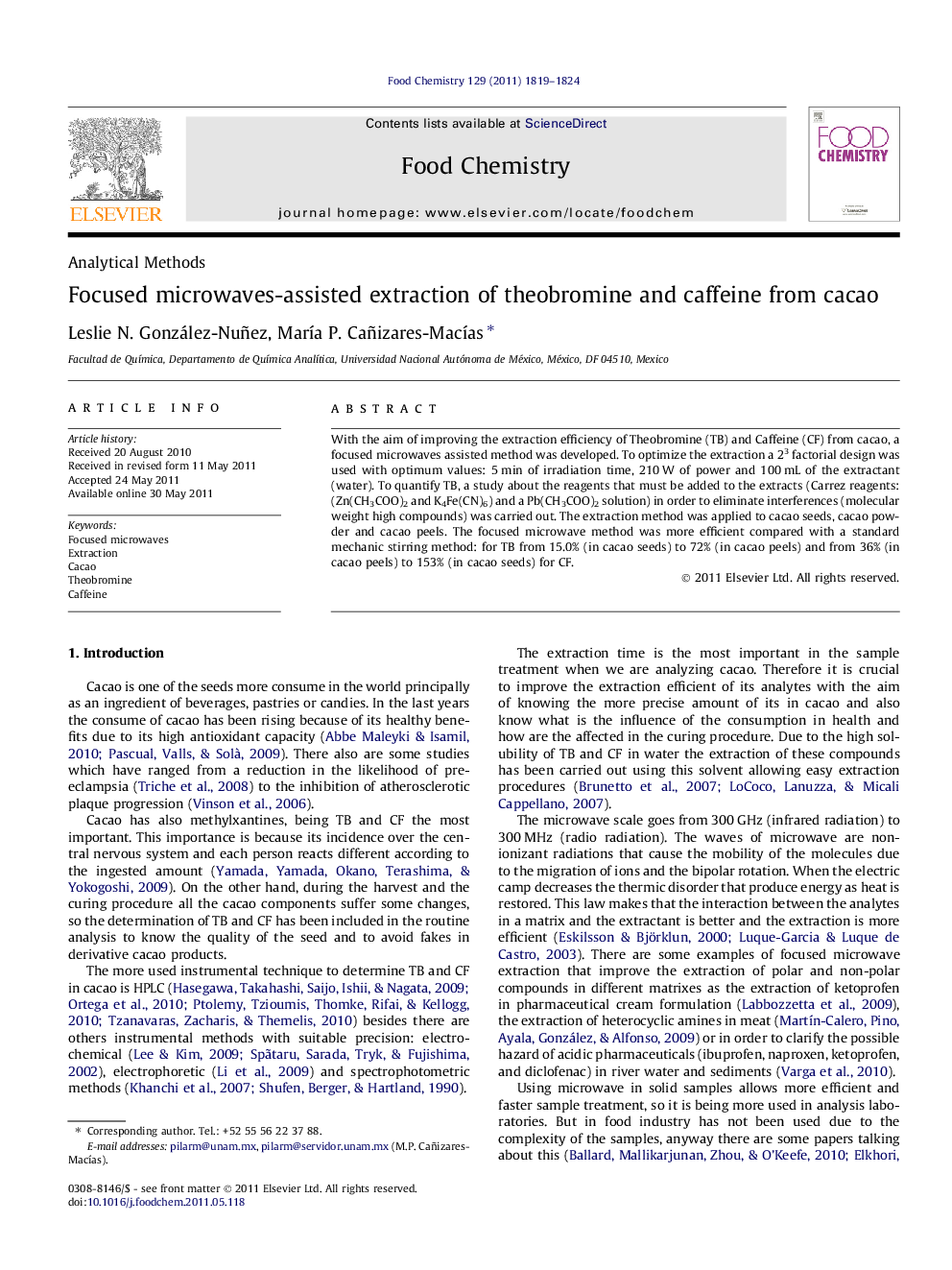 Focused microwaves-assisted extraction of theobromine and caffeine from cacao