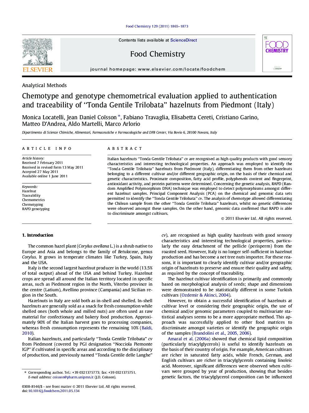 Chemotype and genotype chemometrical evaluation applied to authentication and traceability of “Tonda Gentile Trilobata” hazelnuts from Piedmont (Italy)